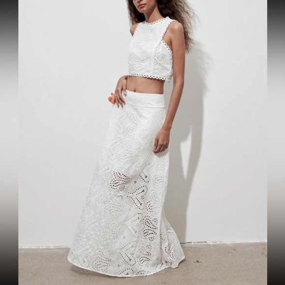 Boho Sheer Lace Hollow Out Lace Cropped Top and High Waist Maxi SET White - Picture 2 of 5